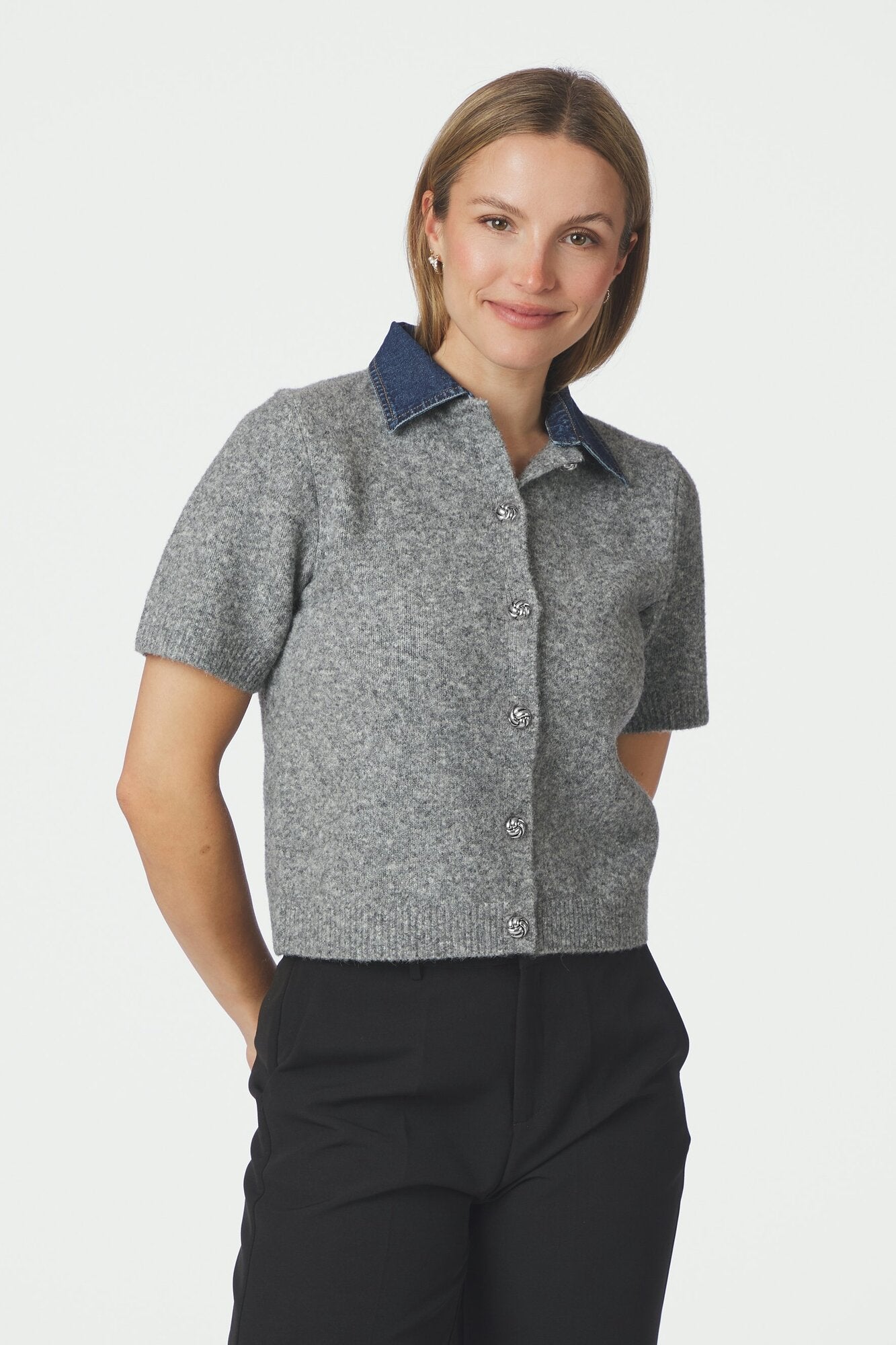 Amoria kortærmet cardigan - Grey Melange